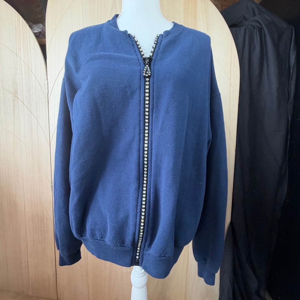 Christine Alexander Zip Up Sweatshirt Womens XL Blue Rhinestone Embellished Glam